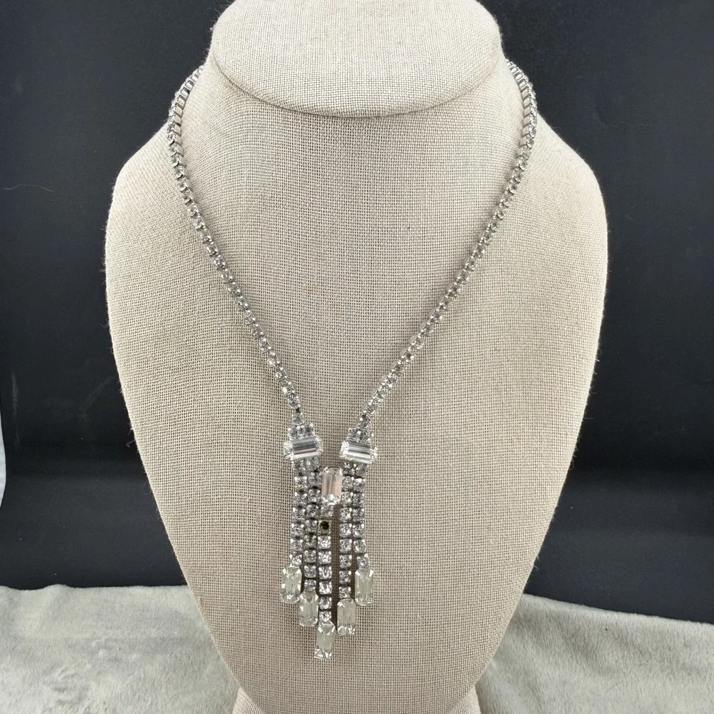 Vintage Estate Necklace Silver Tone Rhinestone Waterfall Art Deco Style 16